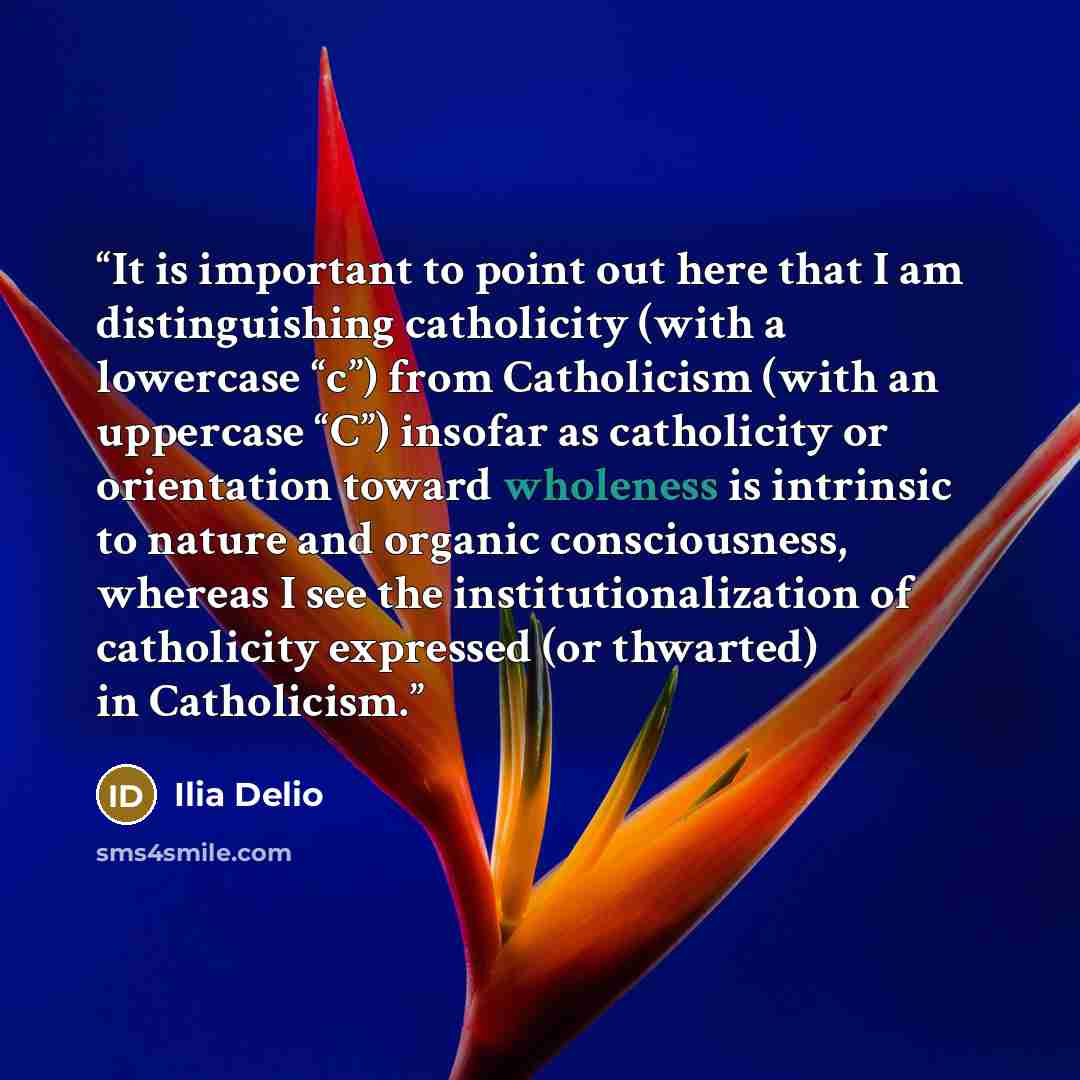 “It is important to point out here that I am distinguishing catholicity (with a lowercase “c”) from Catholicism (with an uppercase “C”) insofar as catholicity or orientation toward wholeness is intrinsic to nature and organic consciousness, whereas I see the institutionalization of catholicity…” quote by Ilia Delio