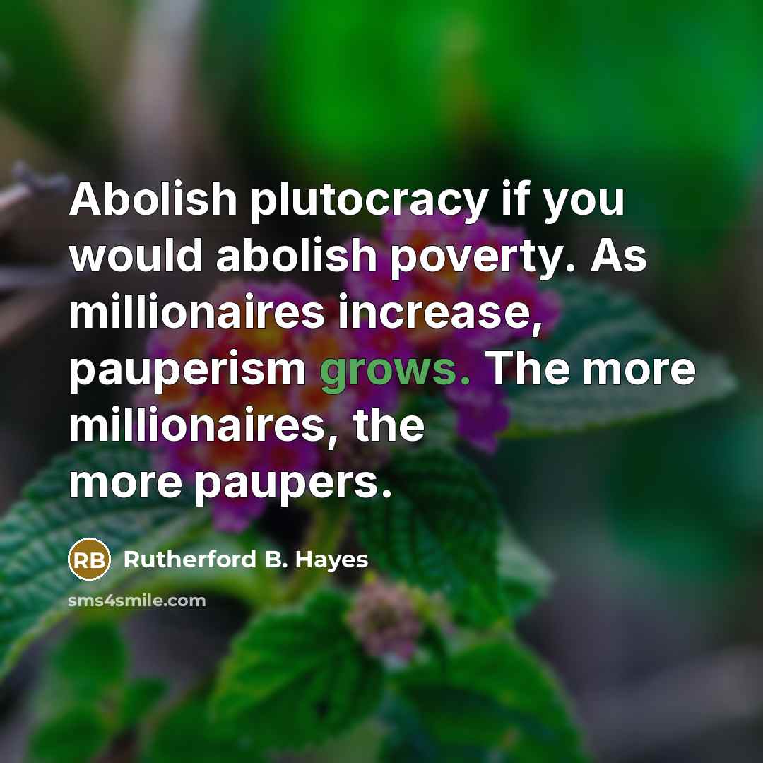 “Abolish plutocracy if you would abolish poverty. As millionaires increase, pauperism grows. The more millionaires, the more paupers.” quote by Rutherford B. Hayes
