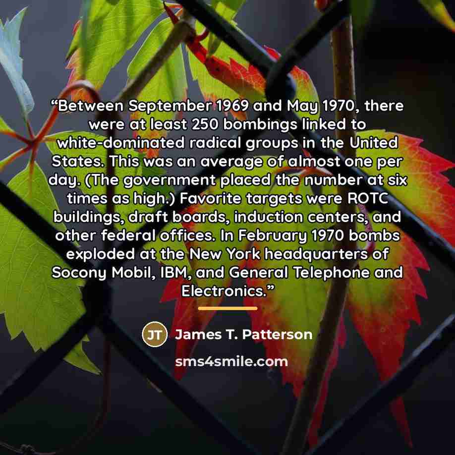 “Between September 1969 and May 1970, there were at least 250 bombings linked to white-dominated radical groups in the United States. This was an average of almost one per day. (The government placed the number at six times as high.) Favorite targets were ROTC buildings, draft boards, induction…” quote by James T. Patterson