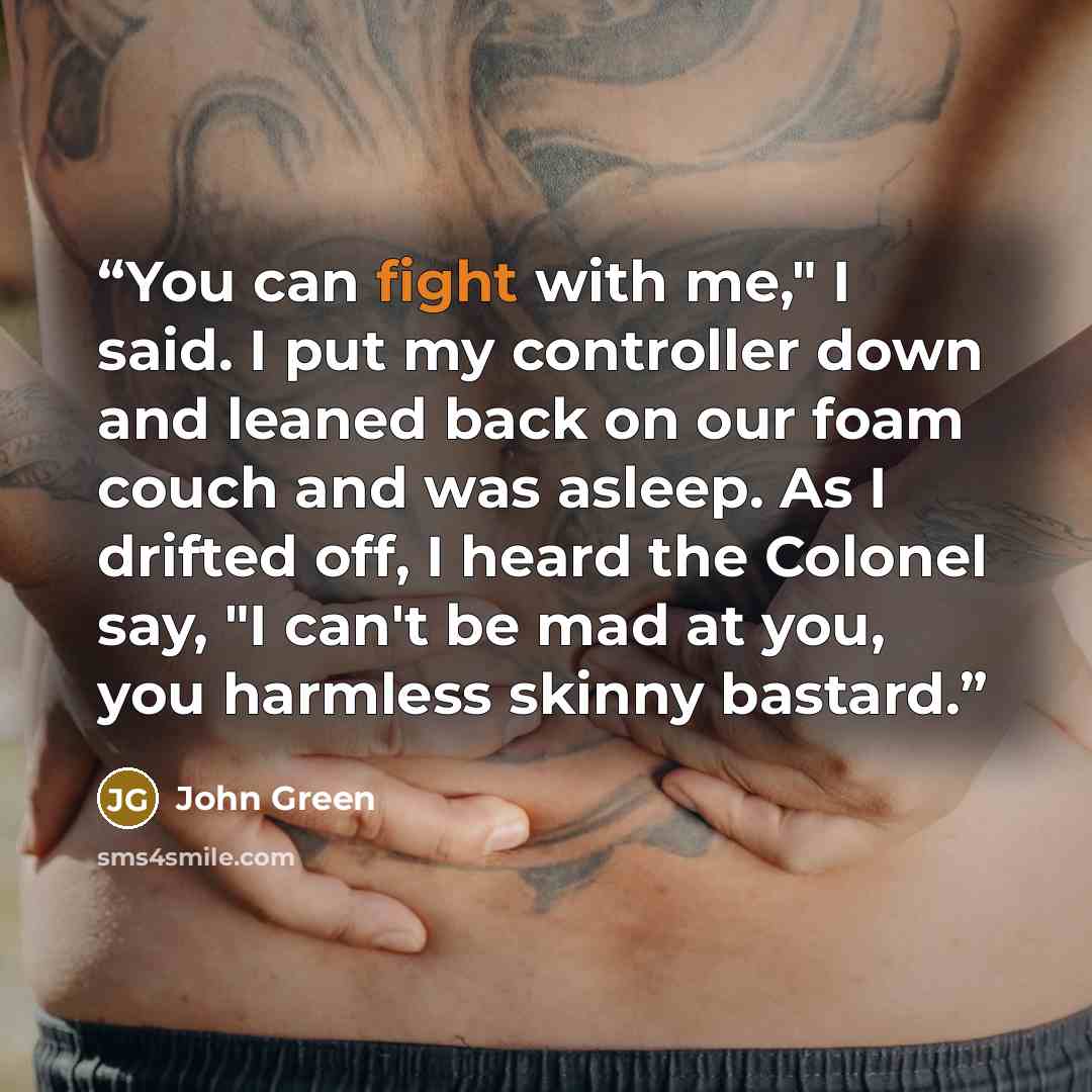 “You can fight with me," I said. I put my controller down and leaned back on our foam couch and was asleep. As I drifted off, I heard the Colonel say, "I can't be mad at you, you harmless skinny bastard.” quote by John Green