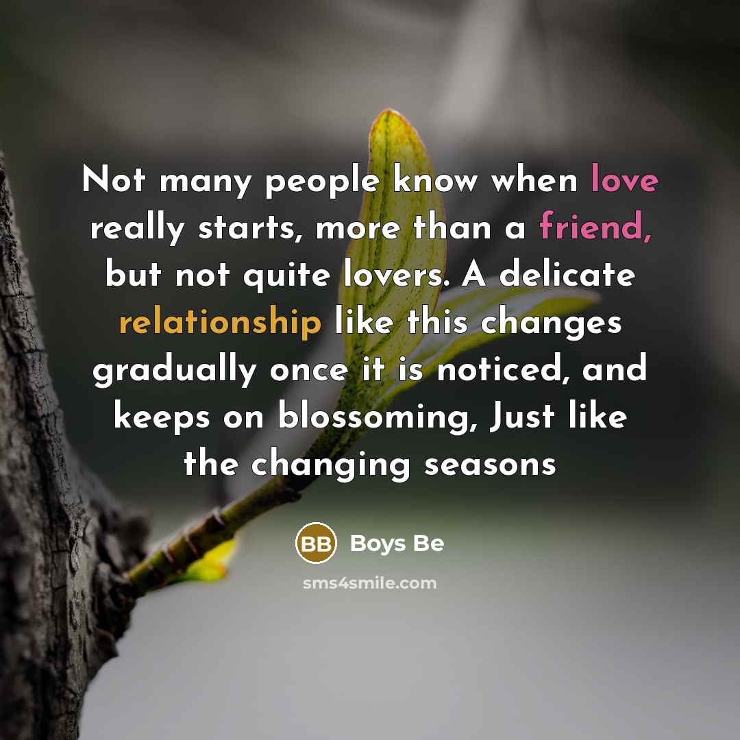 “Not many people know when love really starts, more than a friend, but not quite lovers. A delicate relationship like this changes gradually once it is noticed, and keeps on blossoming, Just like the changing seasons” quote by Boys Be