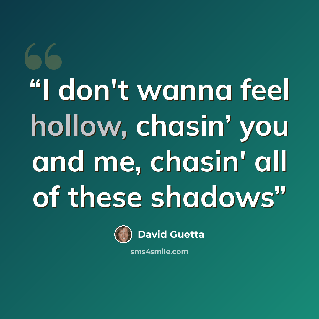“I don't wanna feel hollow, chasin’ you and me, chasin' all of these shadows” quote by David Guetta