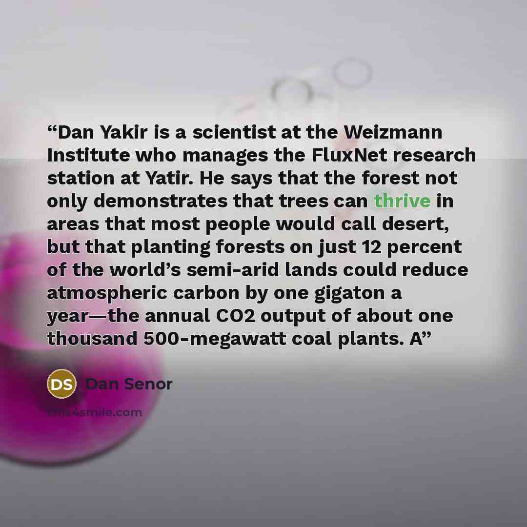 “Dan Yakir is a scientist at the Weizmann Institute who manages the FluxNet research station at Yatir. He says that the forest not only demonstrates that trees can thrive in areas that most people would call desert, but that planting forests on just 12 percent of the world’s semi-arid lands could…” quote by Dan Senor