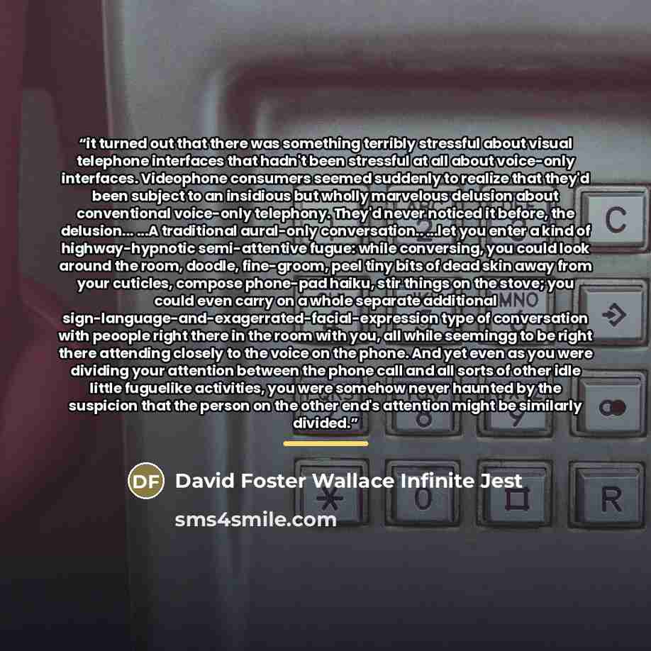 “it turned out that there was something terribly stressful about visual telephone interfaces that hadn't been stressful at all about voice-only interfaces. Videophone consumers seemed suddenly to realize that they'd been subject to an insidious but wholly marvelous delusion about conventional…” quote by David Foster Wallace Infinite Jest