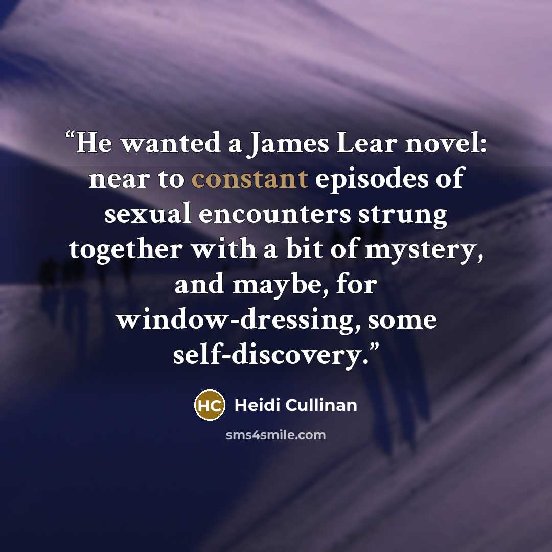“He wanted a James Lear novel: near to constant episodes of sexual encounters strung together with a bit of mystery, and maybe, for window-dressing, some self-discovery.” quote by Heidi Cullinan