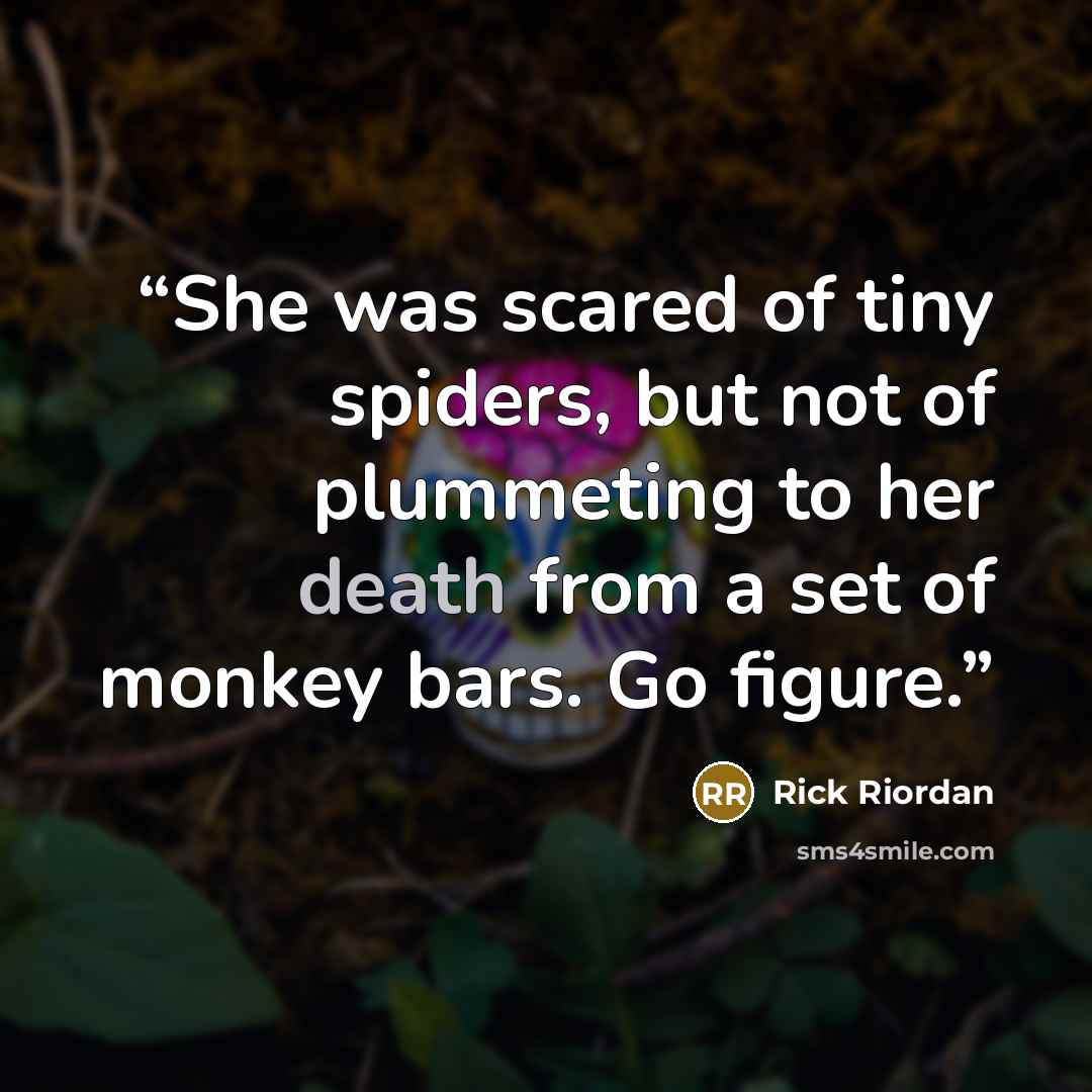 “She was scared of tiny spiders, but not of plummeting to her death from a set of monkey bars. Go figure.” quote by Rick Riordan