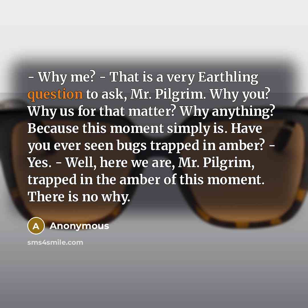 “- Why me? - That is a very Earthling question to ask, Mr. Pilgrim. Why you? Why us for that matter? Why anything? Because this moment simply is. Have you ever seen bugs trapped in amber? - Yes. - Well, here we are, Mr. Pilgrim, trapped in the amber of this moment. There is no why.” quote by Anonymous