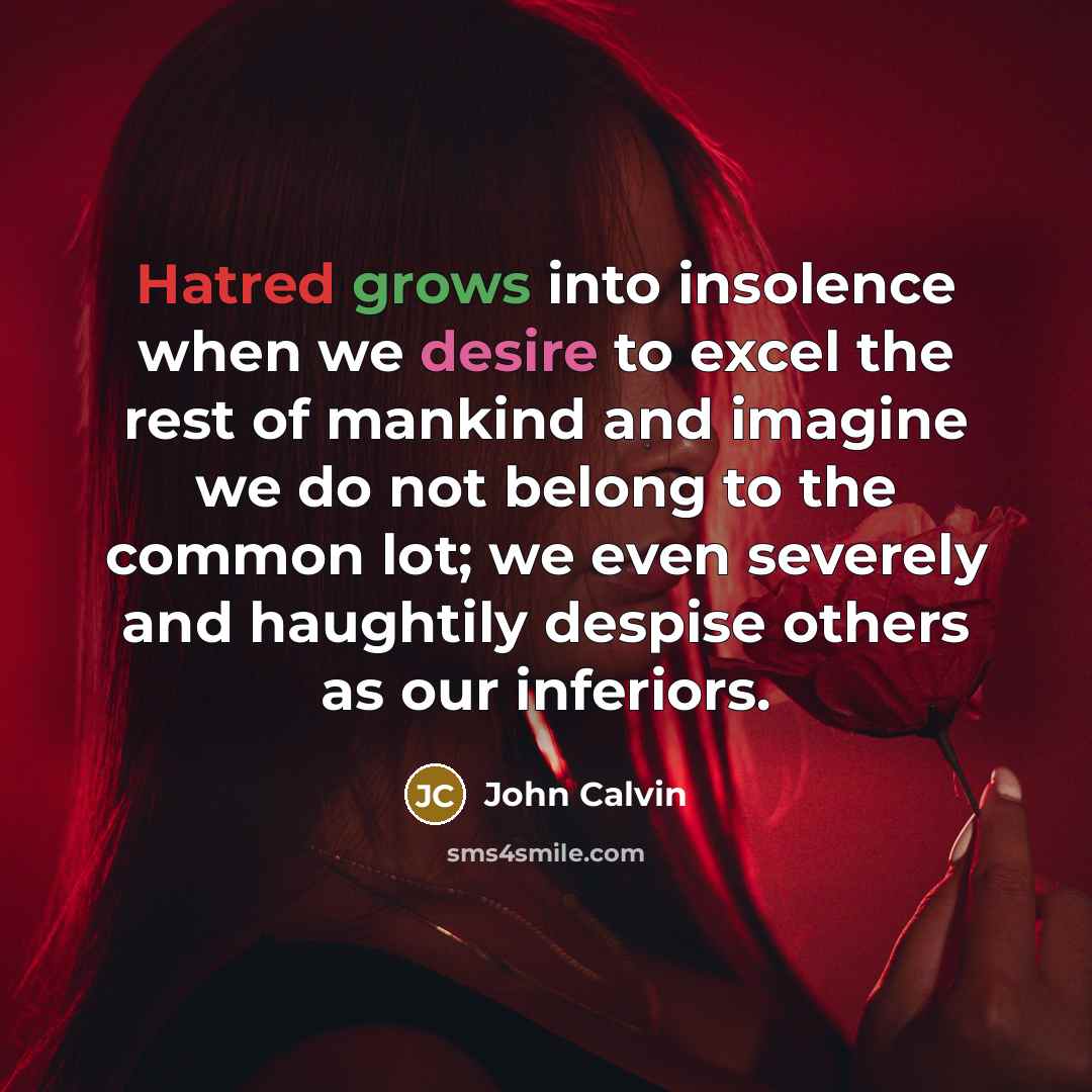 “Hatred grows into insolence when we desire to excel the rest of mankind and imagine we do not belong to the common lot; we even severely and haughtily despise others as our inferiors.” quote by John Calvin