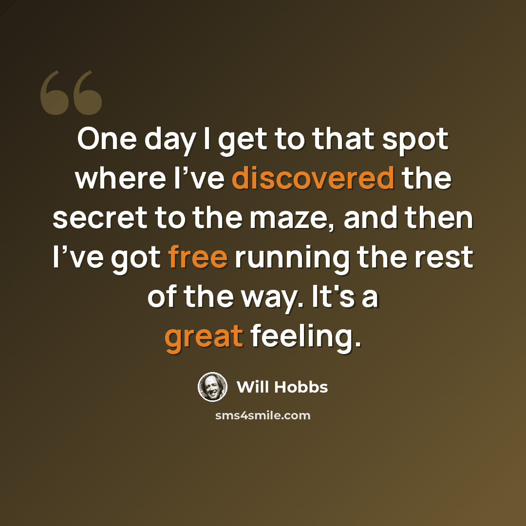 “One day I get to that spot where I've discovered the secret to the maze, and then I've got free running the rest of the way. It's a great feeling.” quote by Will Hobbs
