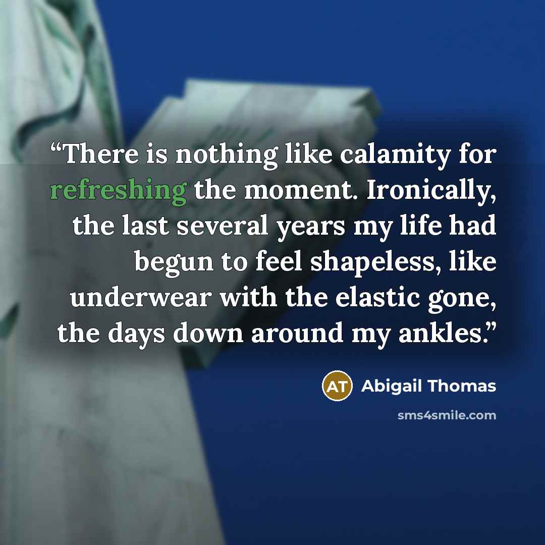 “There is nothing like calamity for refreshing the moment. Ironically, the last several years my life had begun to feel shapeless, like underwear with the elastic gone, the days down around my ankles.” quote by Abigail Thomas