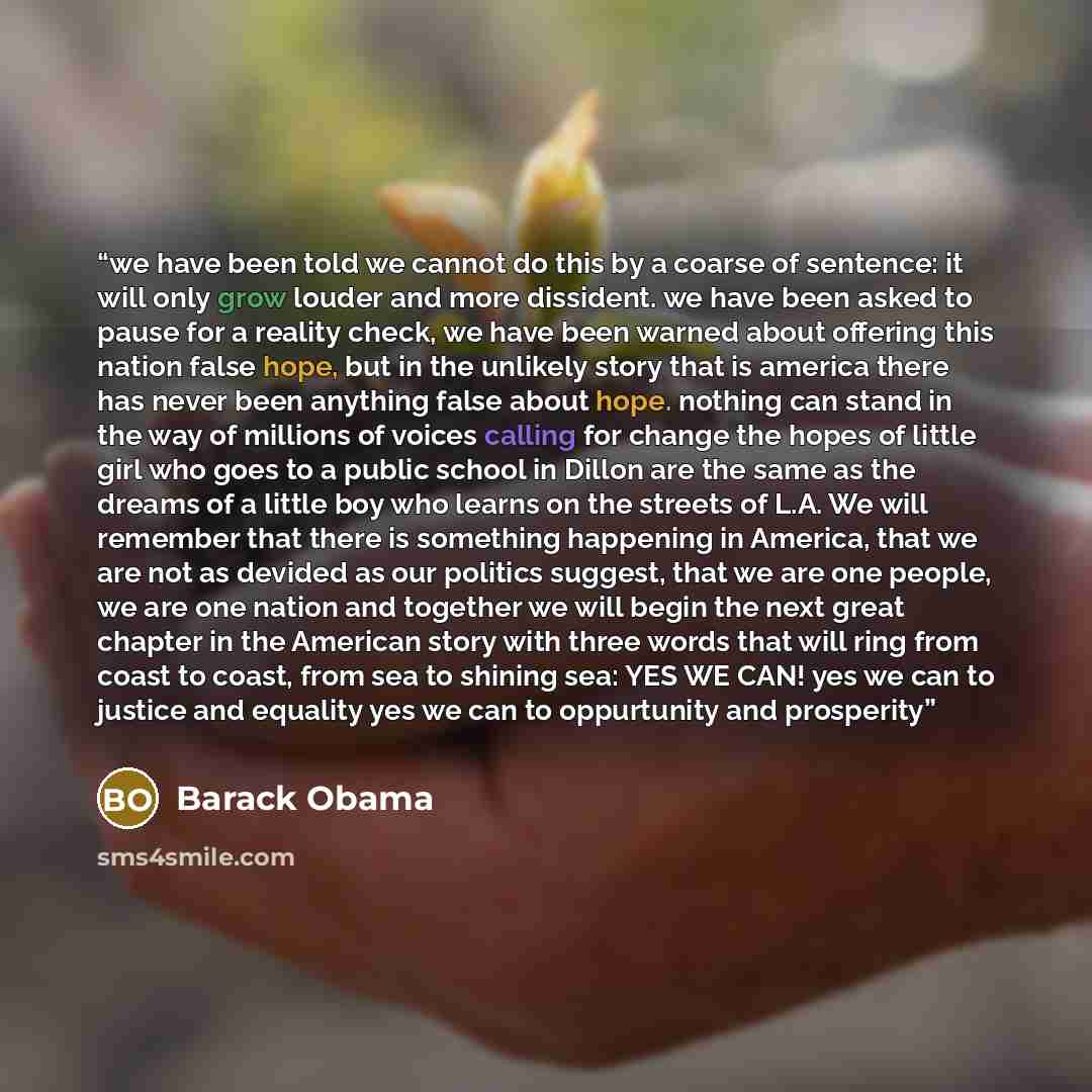 “we have been told we cannot do this by a coarse of sentence: it will only grow louder and more dissident. we have been asked to pause for a reality check, we have been warned about offering this nation false hope, but in the unlikely story that is america there has never been anything false about…” quote by Barack Obama