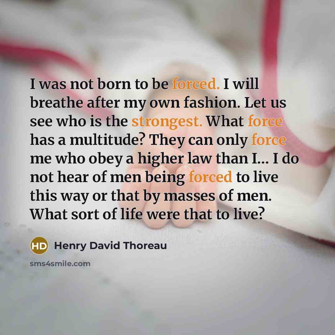 “I was not born to be forced. I will breathe after my own fashion. Let us see who is the strongest. What force has a multitude? They can only force me who obey a higher law than I… I do not hear of men being forced to live this way or that by masses of men. What sort of life were that to live?” quote by Henry David Thoreau