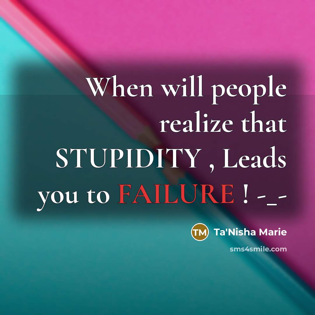 “When will people realize that STUPIDITY , Leads you to FAILURE ! -_-” quote by Ta'Nisha Marie