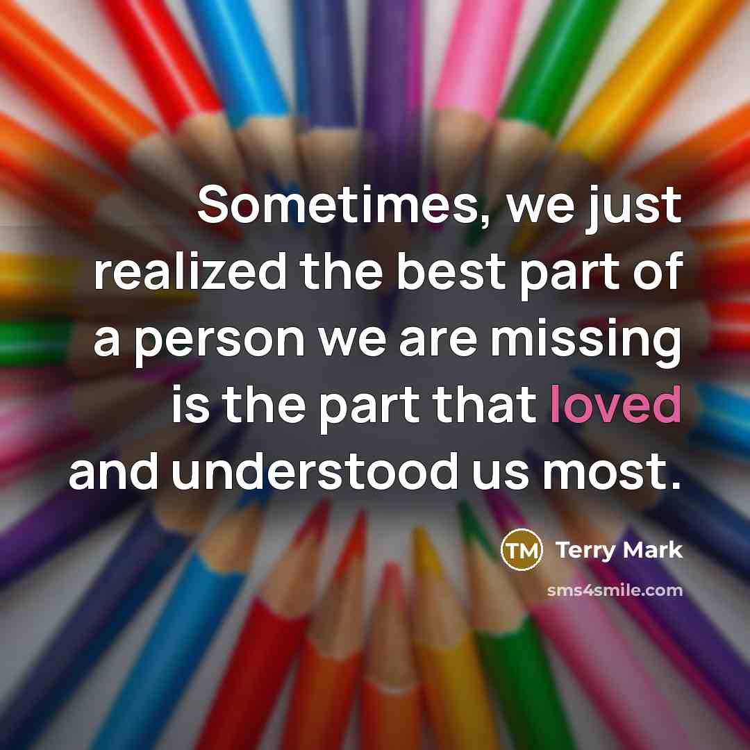 “Sometimes, we just realized the best part of a person we are missing is the part that loved and understood us most.” quote by Terry Mark