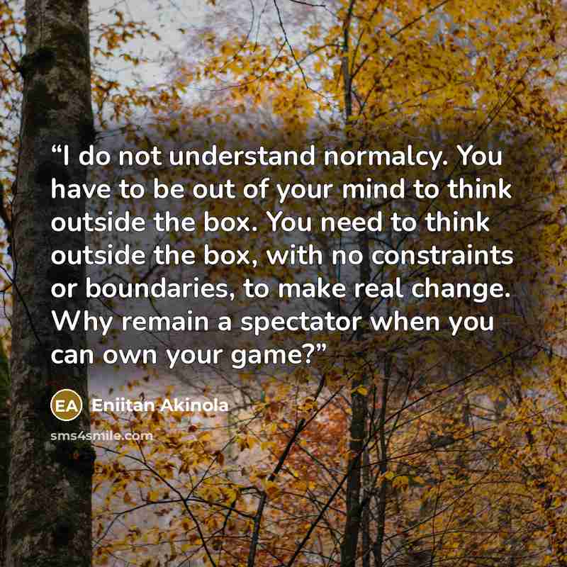 “I do not understand normalcy. You have to be out of your mind to think outside the box. You need to think outside the box, with no constraints or boundaries, to make real change. Why remain a spectator when you can own your game?” quote by Eniitan Akinola