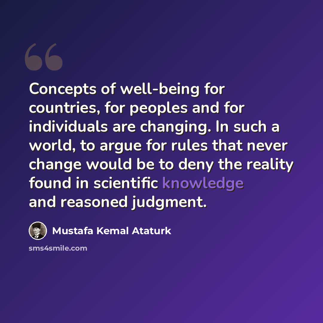 “Concepts of well-being for countries, for peoples and for individuals are changing. In such a world, to argue for rules that never change would be to deny the reality found in scientific knowledge and reasoned judgment.” quote by Mustafa Kemal Ataturk