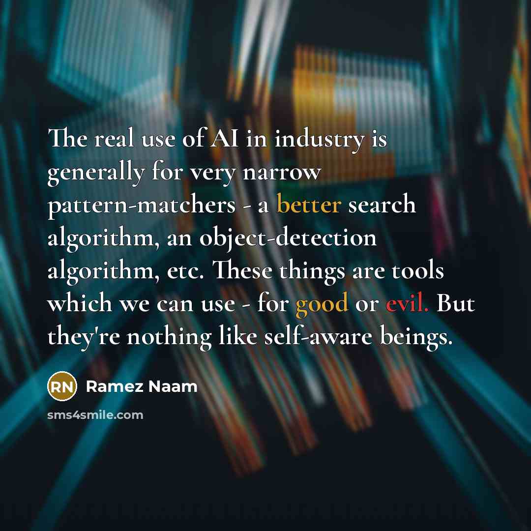 “The real use of AI in industry is generally for very narrow pattern-matchers - a better search algorithm, an object-detection algorithm, etc. These things are tools which we can use - for good or evil. But they're nothing like self-aware beings.” quote by Ramez Naam