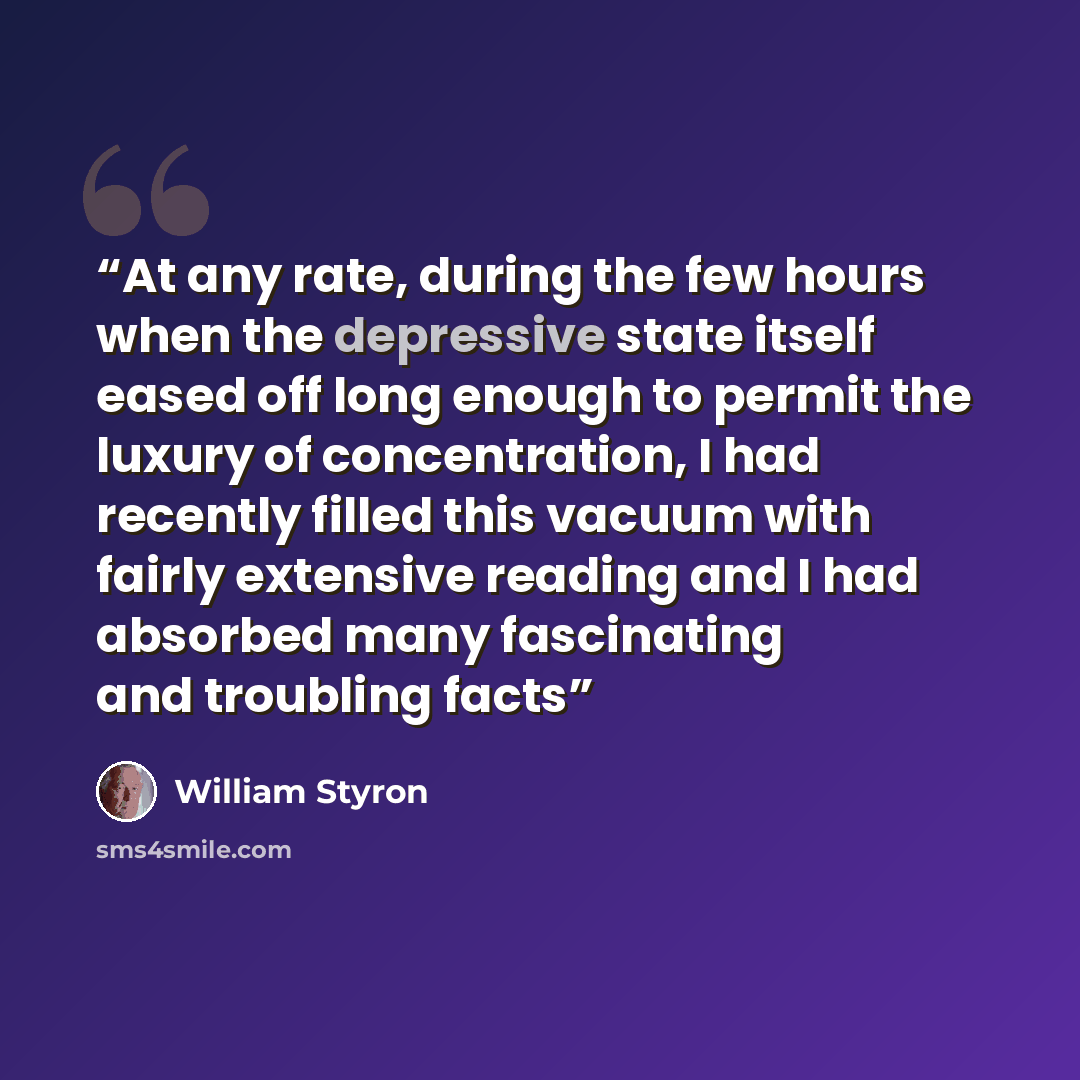 “At any rate, during the few hours when the depressive state itself eased off long enough to permit the luxury of concentration, I had recently filled this vacuum with fairly extensive reading and I had absorbed many fascinating and troubling facts” quote by William Styron