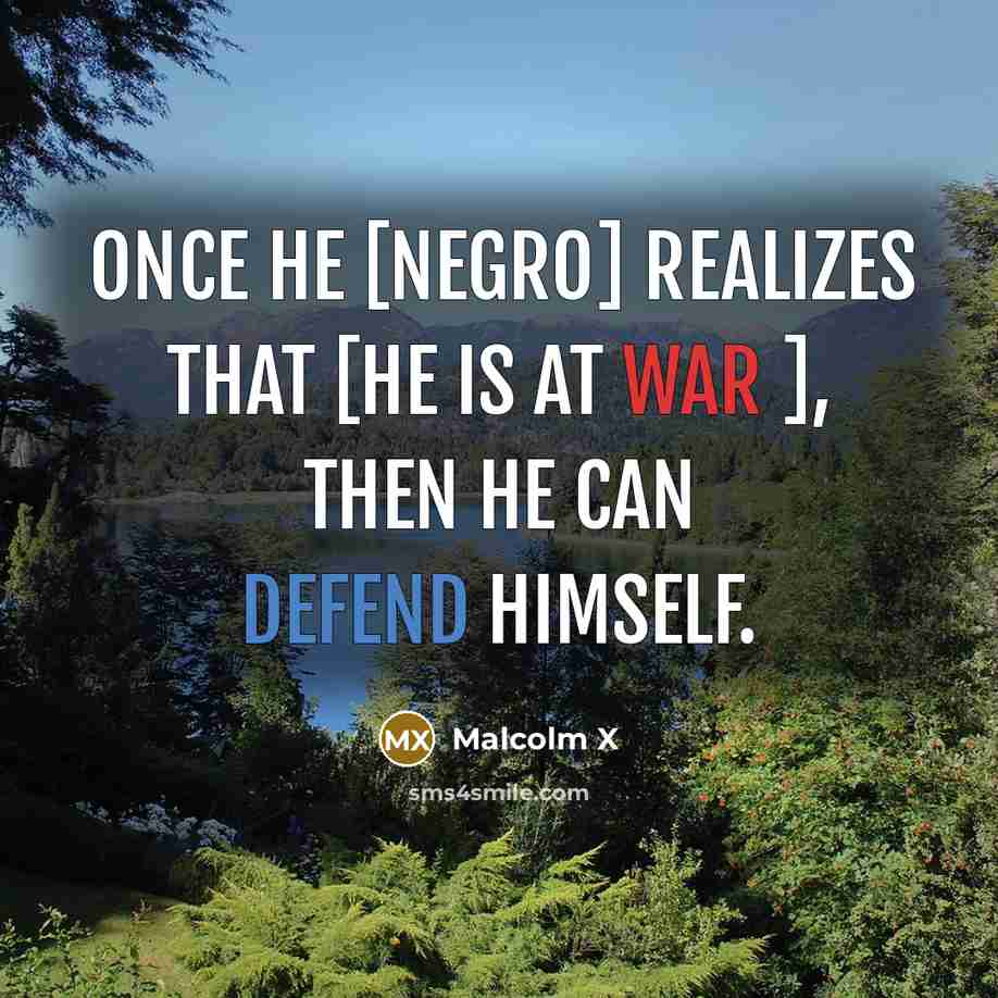 “Once he [Negro] realizes that [he is at war ], then he can defend himself.” quote by Malcolm X