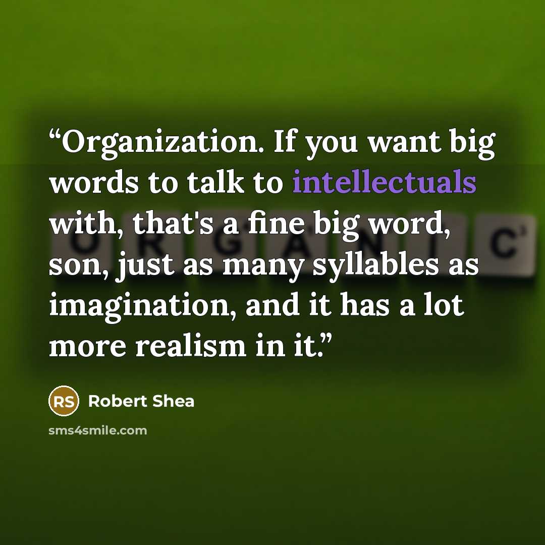 “Organization. If you want big words to talk to intellectuals with, that's a fine big word, son, just as many syllables as imagination, and it has a lot more realism in it.” quote by Robert Shea