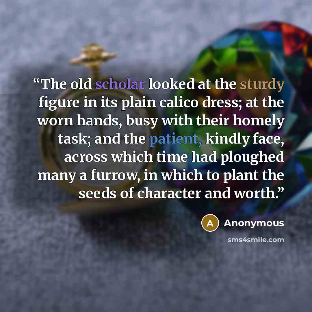“The old scholar looked at the sturdy figure in its plain calico dress; at the worn hands, busy with their homely task; and the patient, kindly face, across which time had ploughed many a furrow, in which to plant the seeds of character and worth.” quote by Anonymous