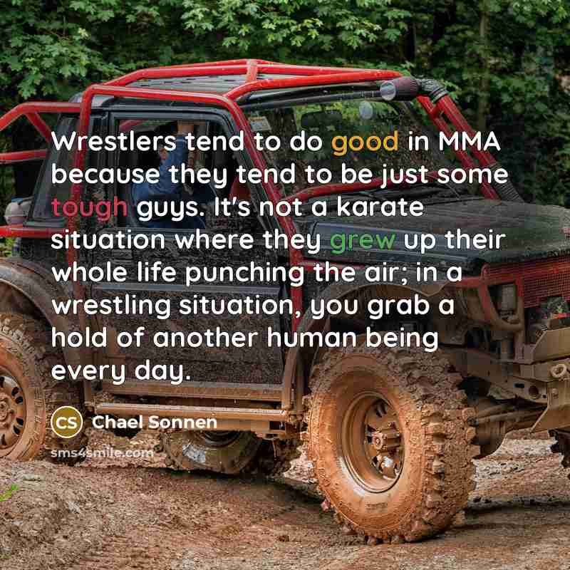 “Wrestlers tend to do good in MMA because they tend to be just some tough guys. It's not a karate situation where they grew up their whole life punching the air; in a wrestling situation, you grab a hold of another human being every day.” quote by Chael Sonnen