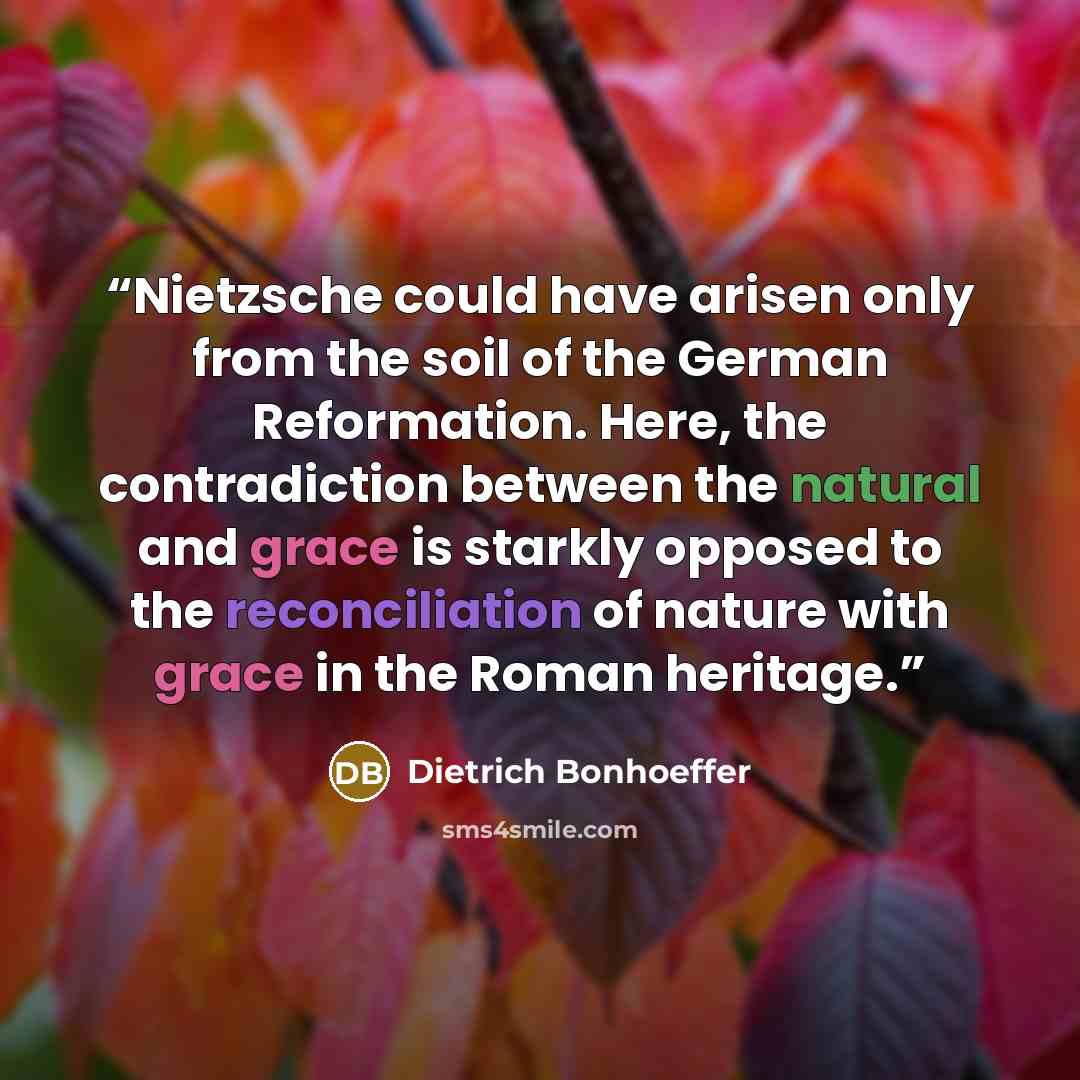 “Nietzsche could have arisen only from the soil of the German Reformation. Here, the contradiction between the natural and grace is starkly opposed to the reconciliation of nature with grace in the Roman heritage.” quote by Dietrich Bonhoeffer
