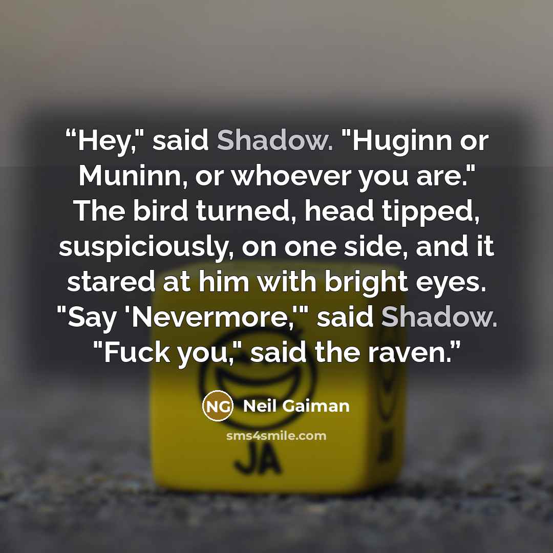“Hey," said Shadow. "Huginn or Muninn, or whoever you are." The bird turned, head tipped, suspiciously, on one side, and it stared at him with bright eyes. "Say 'Nevermore,'" said Shadow. "Fuck you," said the raven.” quote by Neil Gaiman