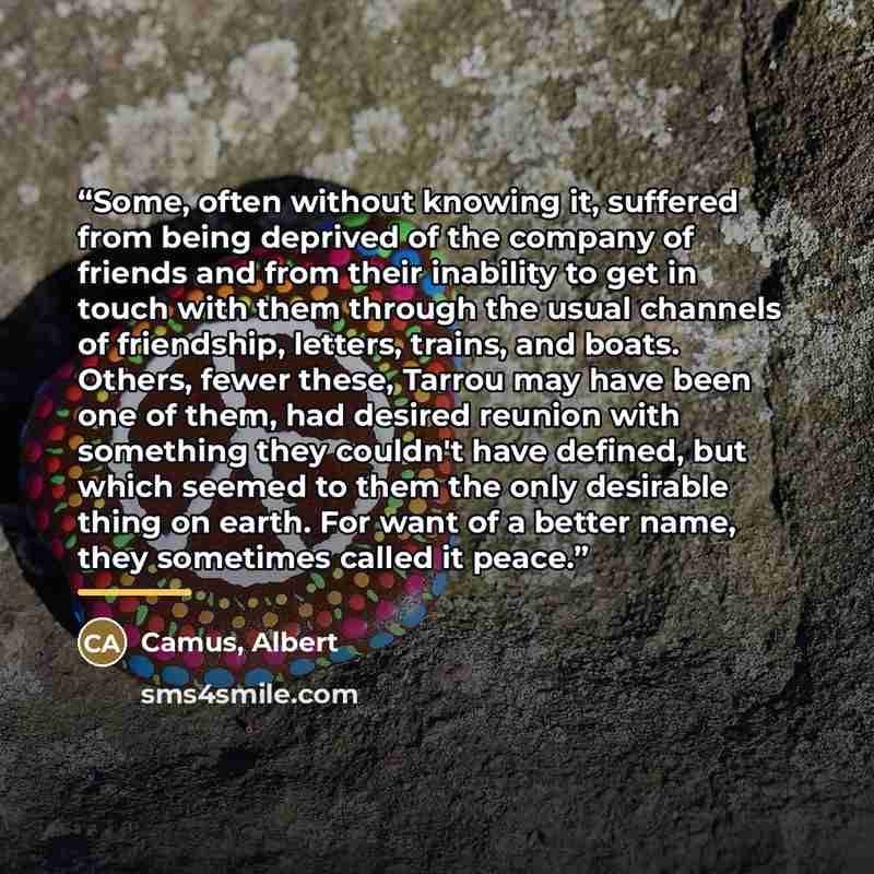 “Some, often without knowing it, suffered from being deprived of the company of friends and from their inability to get in touch with them through the usual channels of friendship, letters, trains, and boats. Others, fewer these, Tarrou may have been one of them, had desired reunion with something…” quote by Camus, Albert