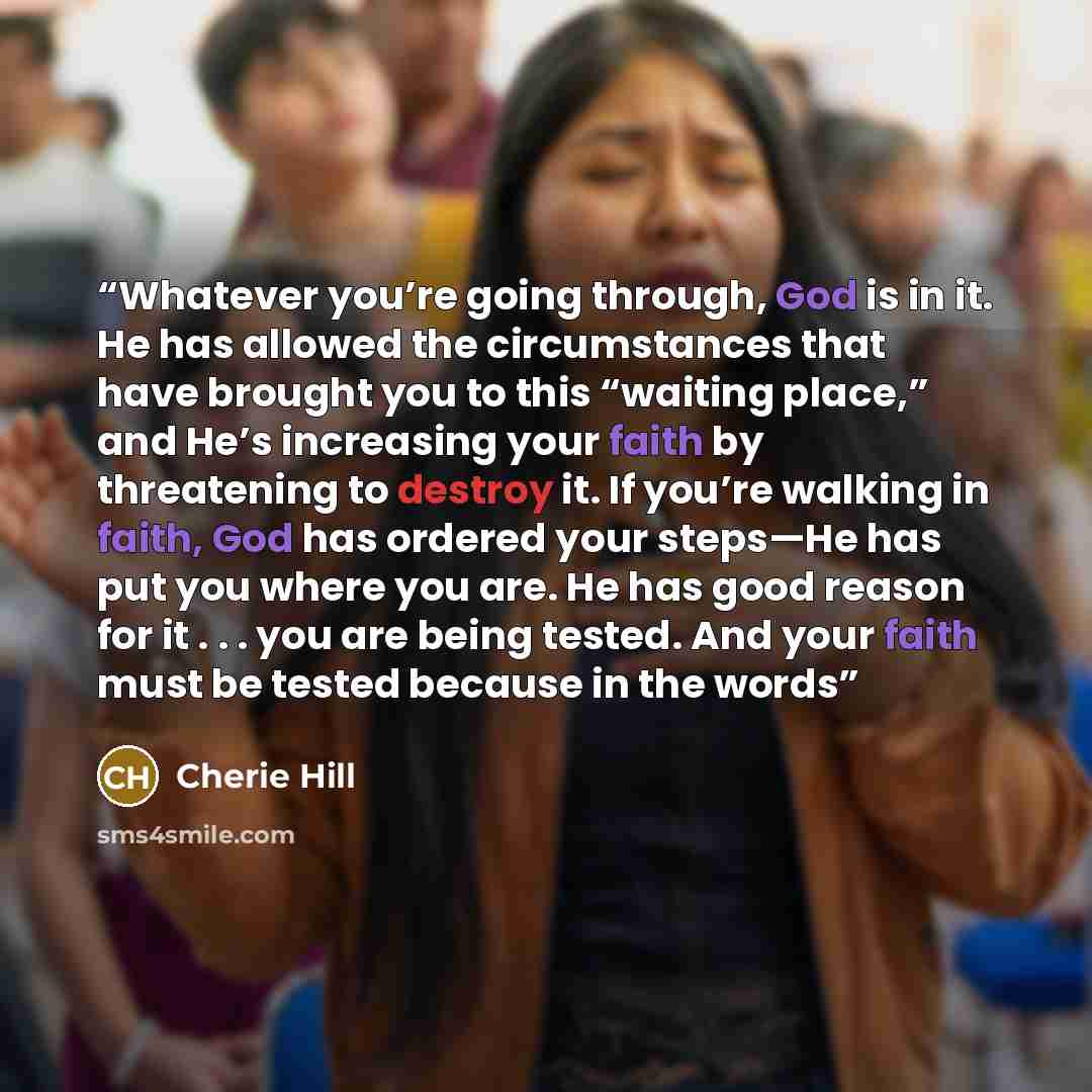 “Whatever you’re going through, God is in it. He has allowed the circumstances that have brought you to this “waiting place,” and He’s increasing your faith by threatening to destroy it. If you’re walking in faith, God has ordered your steps—He has put you where you are. He has good reason for it…” quote by Cherie Hill