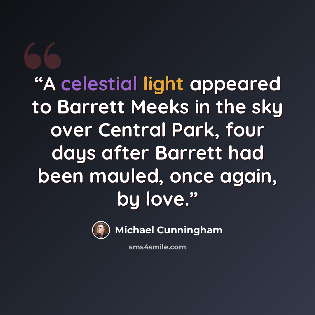 “A celestial light appeared to Barrett Meeks in the sky over Central Park, four days after Barrett had been mauled, once again, by love.” quote by Michael Cunningham