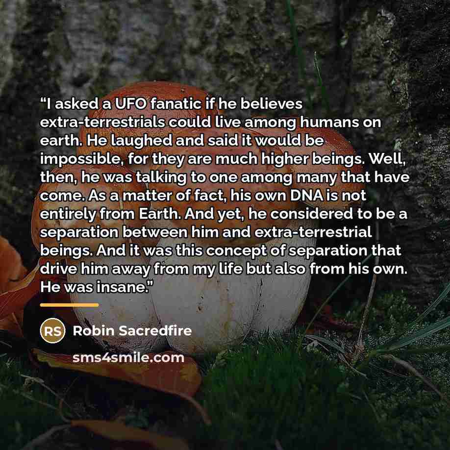 “I asked a UFO fanatic if he believes extra-terrestrials could live among humans on earth. He laughed and said it would be impossible, for they are much higher beings. Well, then, he was talking to one among many that have come. As a matter of fact, his own DNA is not entirely from Earth. And yet…” quote by Robin Sacredfire