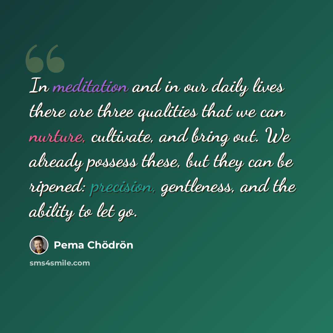 “In meditation and in our daily lives there are three qualities that we can nurture, cultivate, and bring out. We already possess these, but they can be ripened: precision, gentleness, and the ability to let go.” quote by Pema Chodron