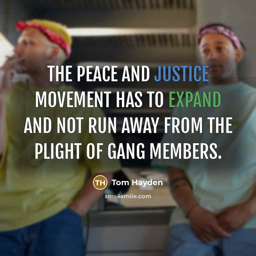 “The peace and justice movement has to expand and not run away from the plight of gang members.” quote by Tom Hayden