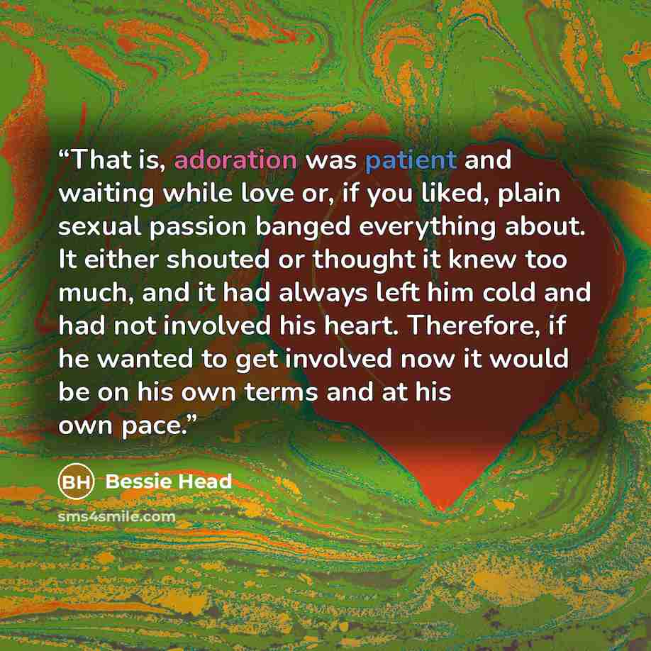 “That is, adoration was patient and waiting while love or, if you liked, plain sexual passion banged everything about. It either shouted or thought it knew too much, and it had always left him cold and had not involved his heart. Therefore, if he wanted to get involved now it would be on his own…” quote by Bessie Head