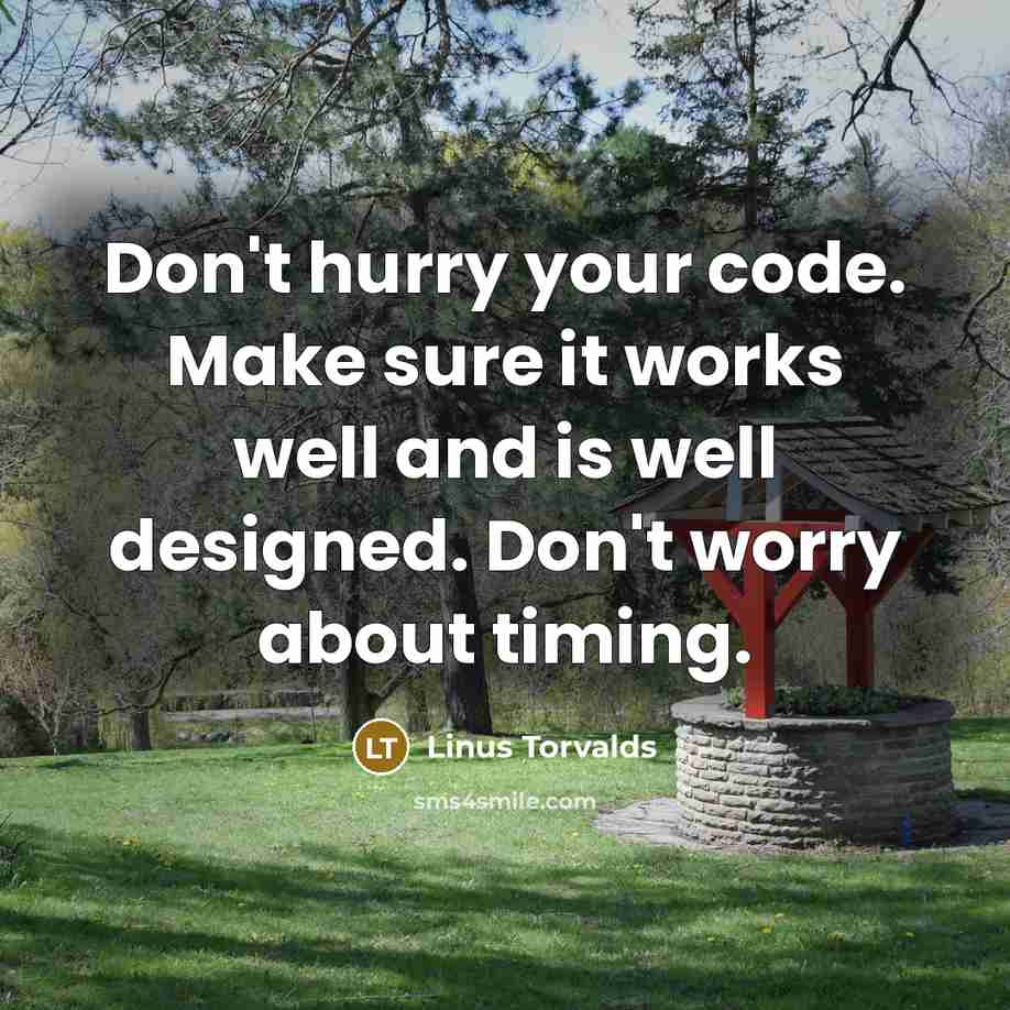 “Don't hurry your code. Make sure it works well and is well designed. Don't worry about timing.” quote by Linus Torvalds