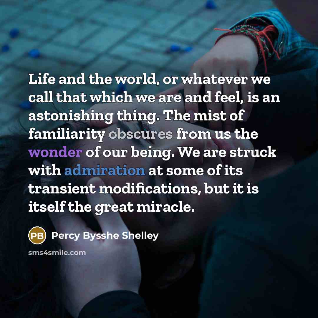 “Life and the world, or whatever we call that which we are and feel, is an astonishing thing. The mist of familiarity obscures from us the wonder of our being. We are struck with admiration at some of its transient modifications, but it is itself the great miracle.” quote by Percy Bysshe Shelley