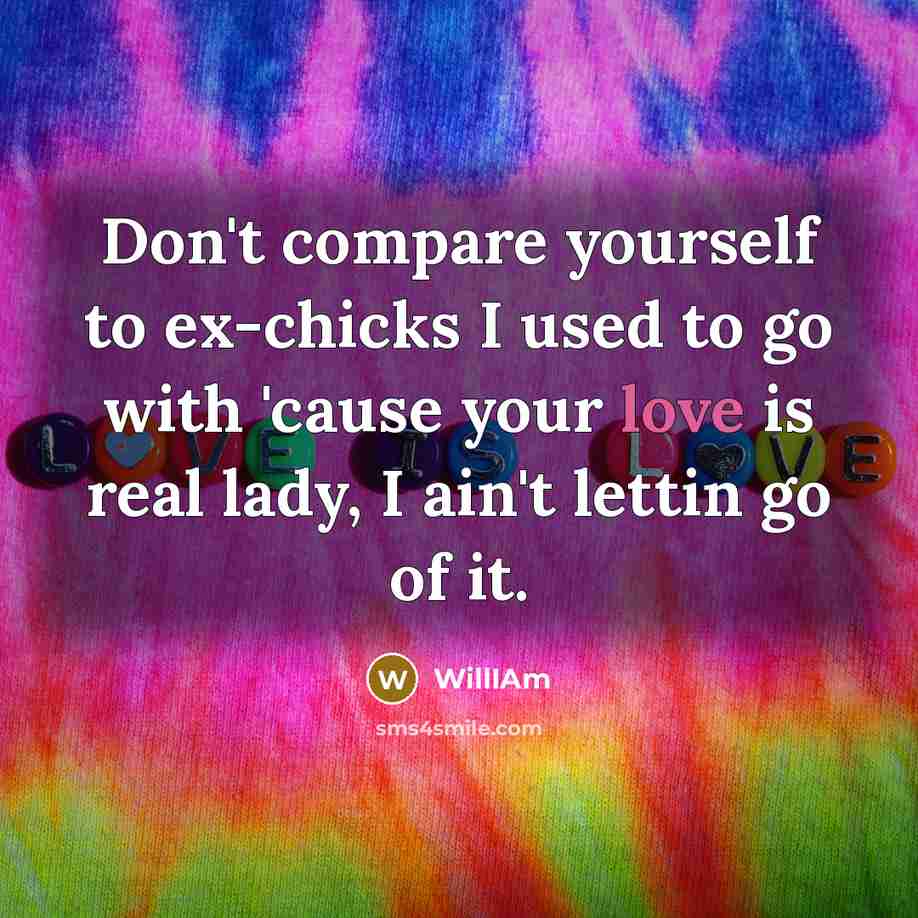 “Don't compare yourself to ex-chicks I used to go with 'cause your love is real lady, I ain't lettin go of it.” quote by WillIAm