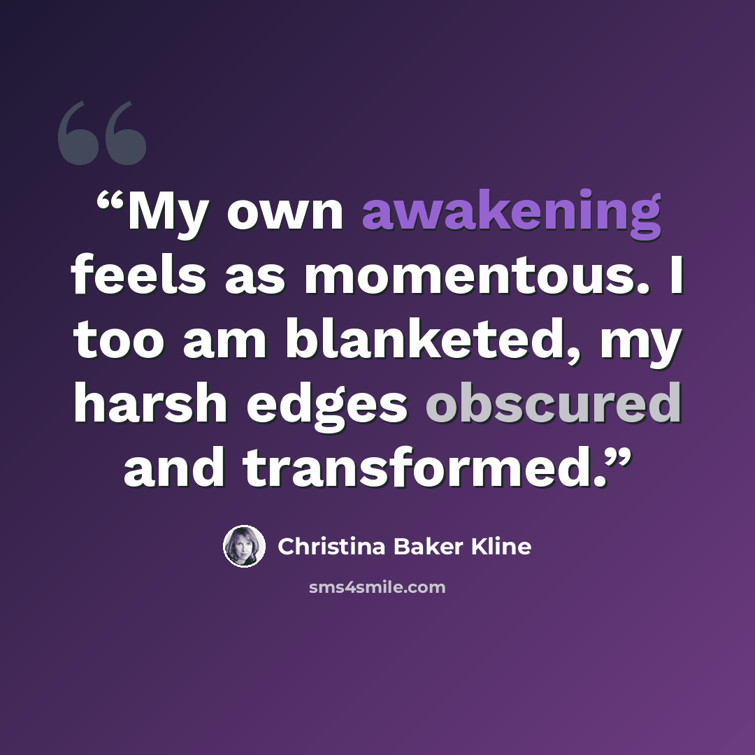 “My own awakening feels as momentous. I too am blanketed, my harsh edges obscured and transformed.” quote by Christina Baker Kline