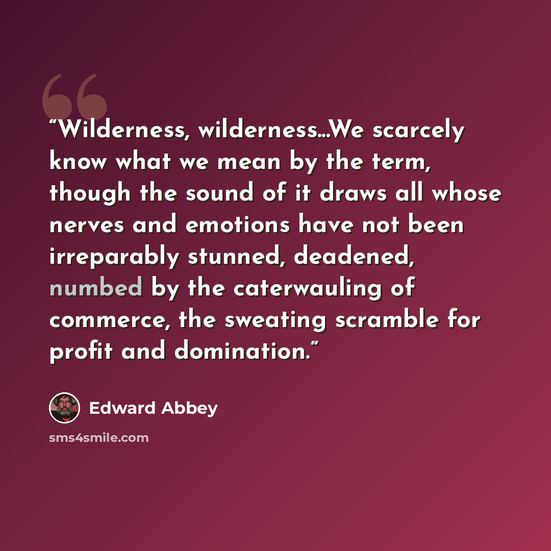 “Wilderness, wilderness...We scarcely know what we mean by the term, though the sound of it draws all whose nerves and emotions have not been irreparably stunned, deadened, numbed by the caterwauling of commerce, the sweating scramble for profit and domination.” quote by Edward Abbey