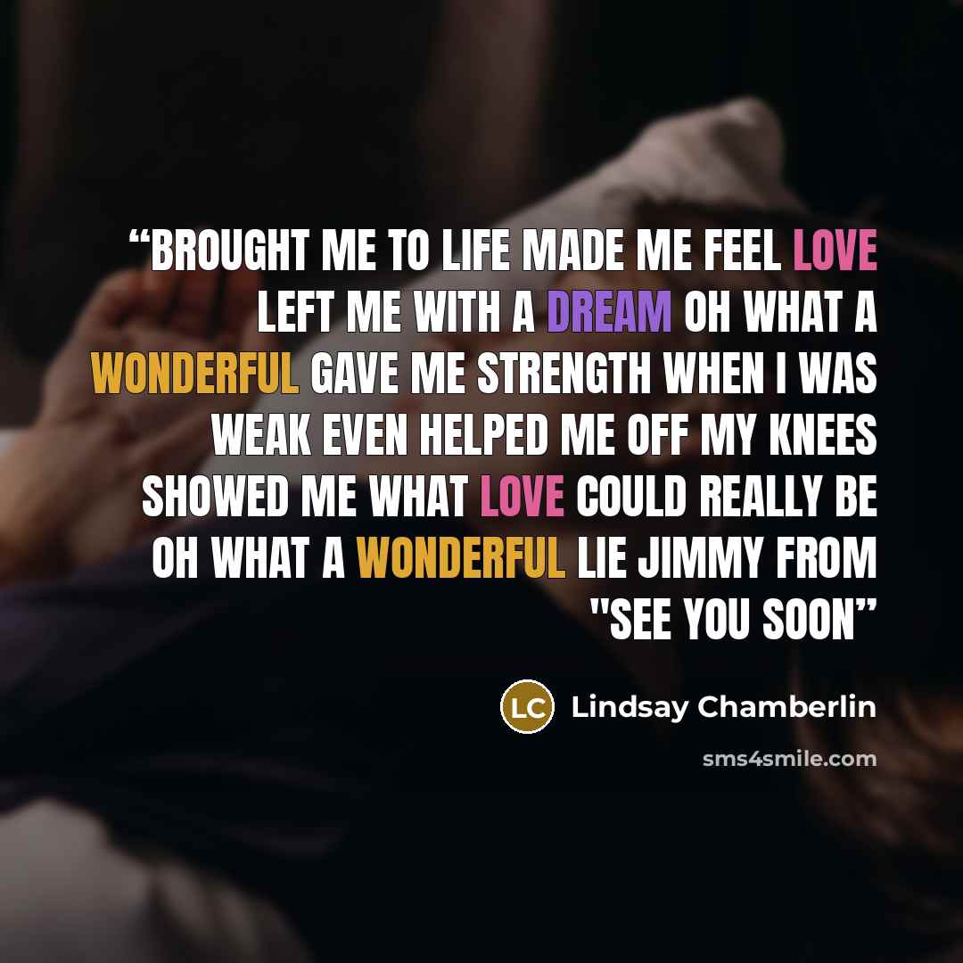 “Brought me to life Made me feel love Left me with a dream Oh what a wonderful Gave me strength when I was weak Even helped me off my knees Showed me what love could really be Oh what a wonderful lie Jimmy from "See You Soon” quote by Lindsay Chamberlin