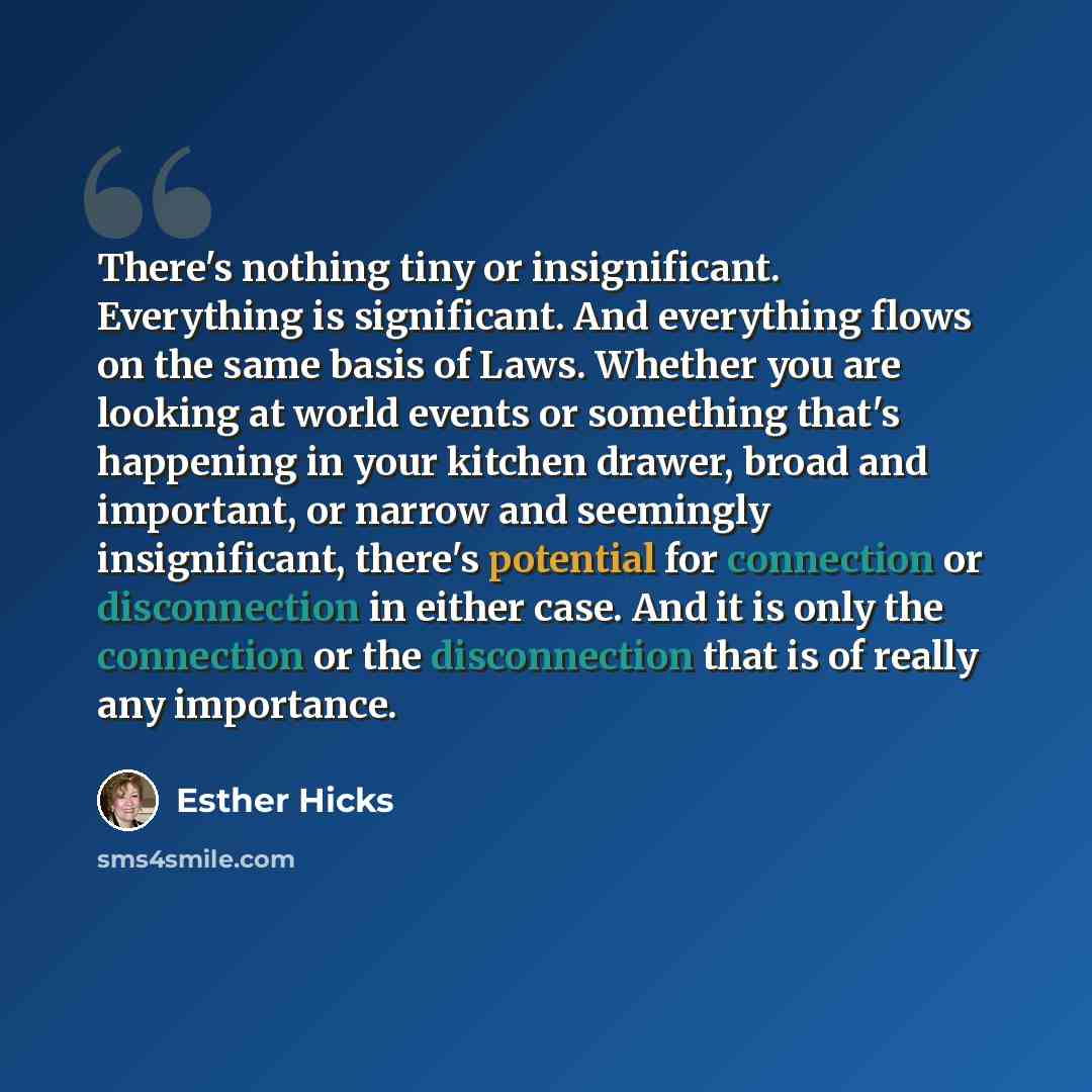 “There's nothing tiny or insignificant. Everything is significant. And everything flows on the same basis of Laws. Whether you are looking at world events or something that's happening in your kitchen drawer, broad and important, or narrow and seemingly insignificant, there's potential for…” quote by Esther Hicks