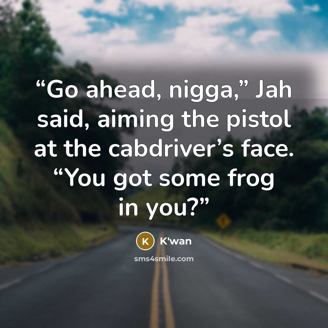 “Go ahead, nigga,” Jah said, aiming the pistol at the cabdriver’s face. “You got some frog in you?” quote by K'wan