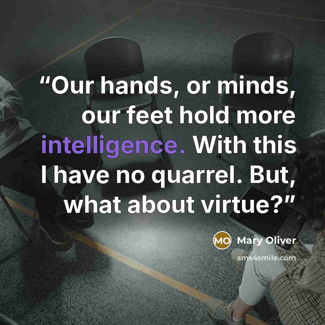 “Our hands, or minds, our feet hold more intelligence. With this I have no quarrel. But, what about virtue?” quote by Mary Oliver
