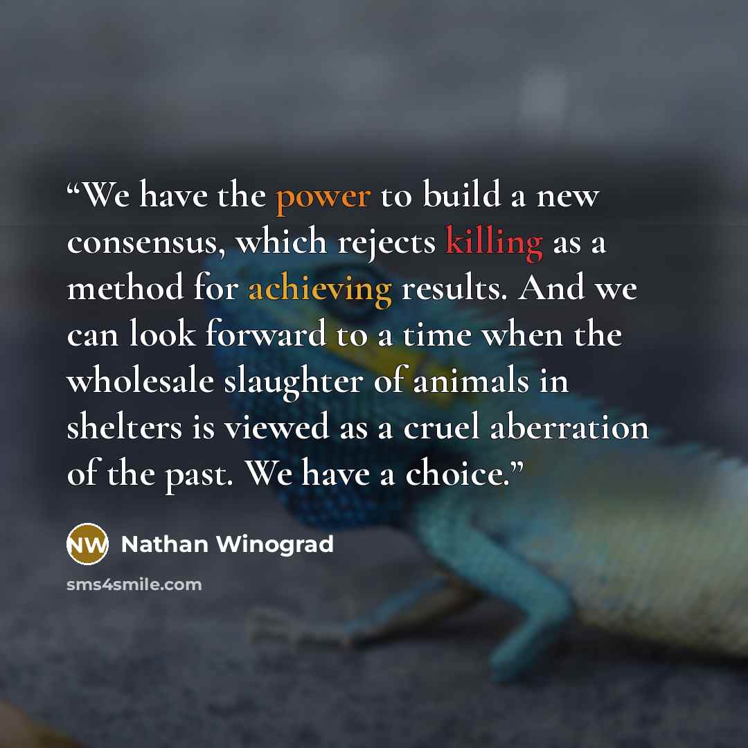 “We have the power to build a new consensus, which rejects killing as a method for achieving results. And we can look forward to a time when the wholesale slaughter of animals in shelters is viewed as a cruel aberration of the past. We have a choice.” quote by Nathan Winograd