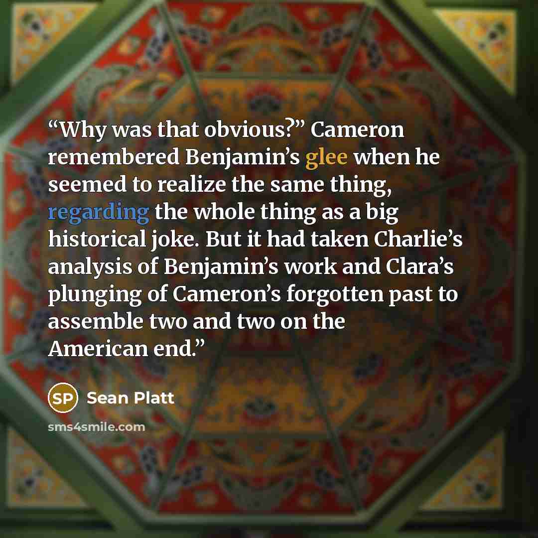 “Why was that obvious?” Cameron remembered Benjamin’s glee when he seemed to realize the same thing, regarding the whole thing as a big historical joke. But it had taken Charlie’s analysis of Benjamin’s work and Clara’s plunging of Cameron’s forgotten past to assemble two and two on the American end.” quote by Sean Platt