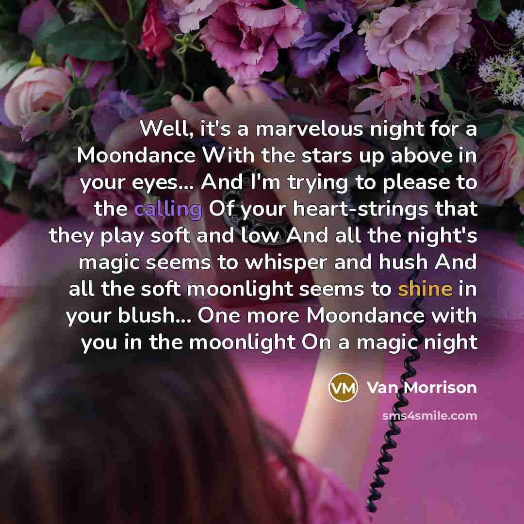 “Well, it's a marvelous night for a Moondance With the stars up above in your eyes... And I'm trying to please to the calling Of your heart-strings that they play soft and low And all the night's magic seems to whisper and hush And all the soft moonlight seems to shine in your blush... One more…” quote by Van Morrison