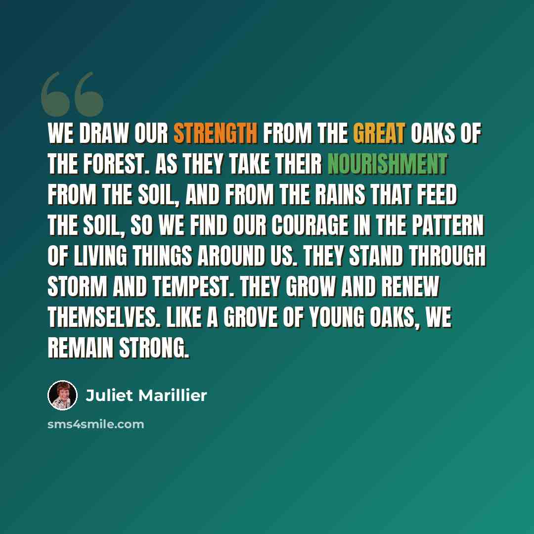 “We draw our strength from the great oaks of the forest. As they take their nourishment from the soil, and from the rains that feed the soil, so we find our courage in the pattern of living things around us. They stand through storm and tempest. They grow and renew themselves. Like a grove of young…” quote by Juliet Marillier