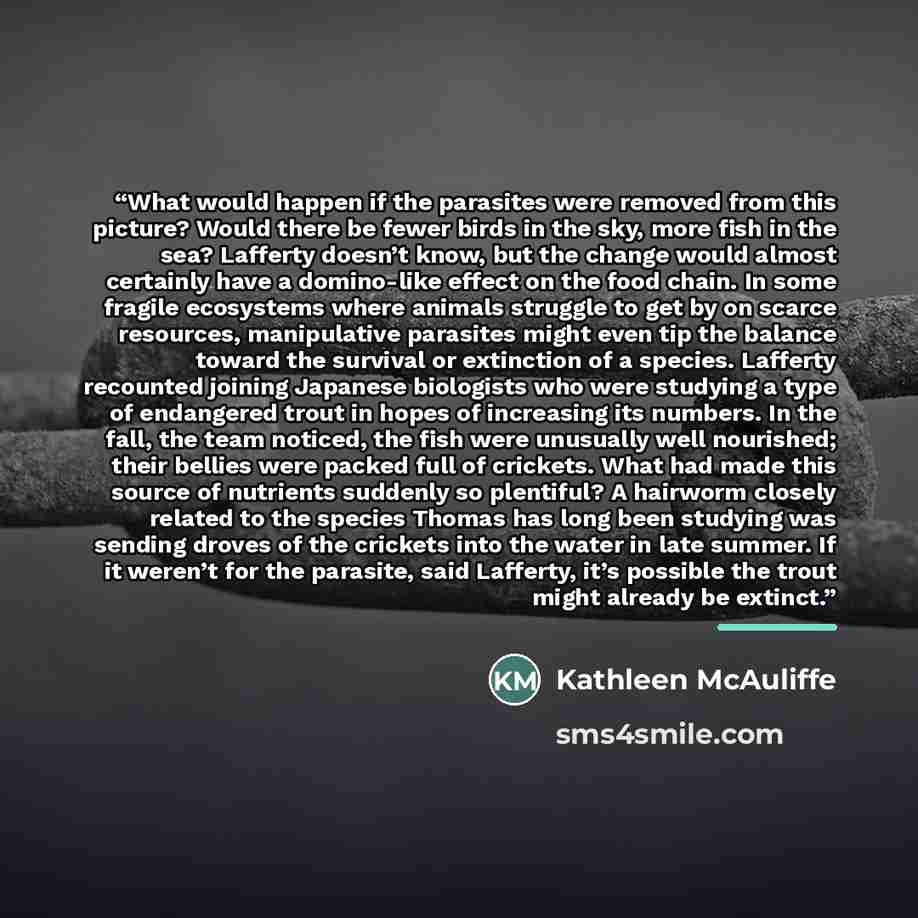 “What would happen if the parasites were removed from this picture? Would there be fewer birds in the sky, more fish in the sea? Lafferty doesn’t know, but the change would almost certainly have a domino-like effect on the food chain. In some fragile ecosystems where animals struggle to get by on…” quote by Kathleen McAuliffe