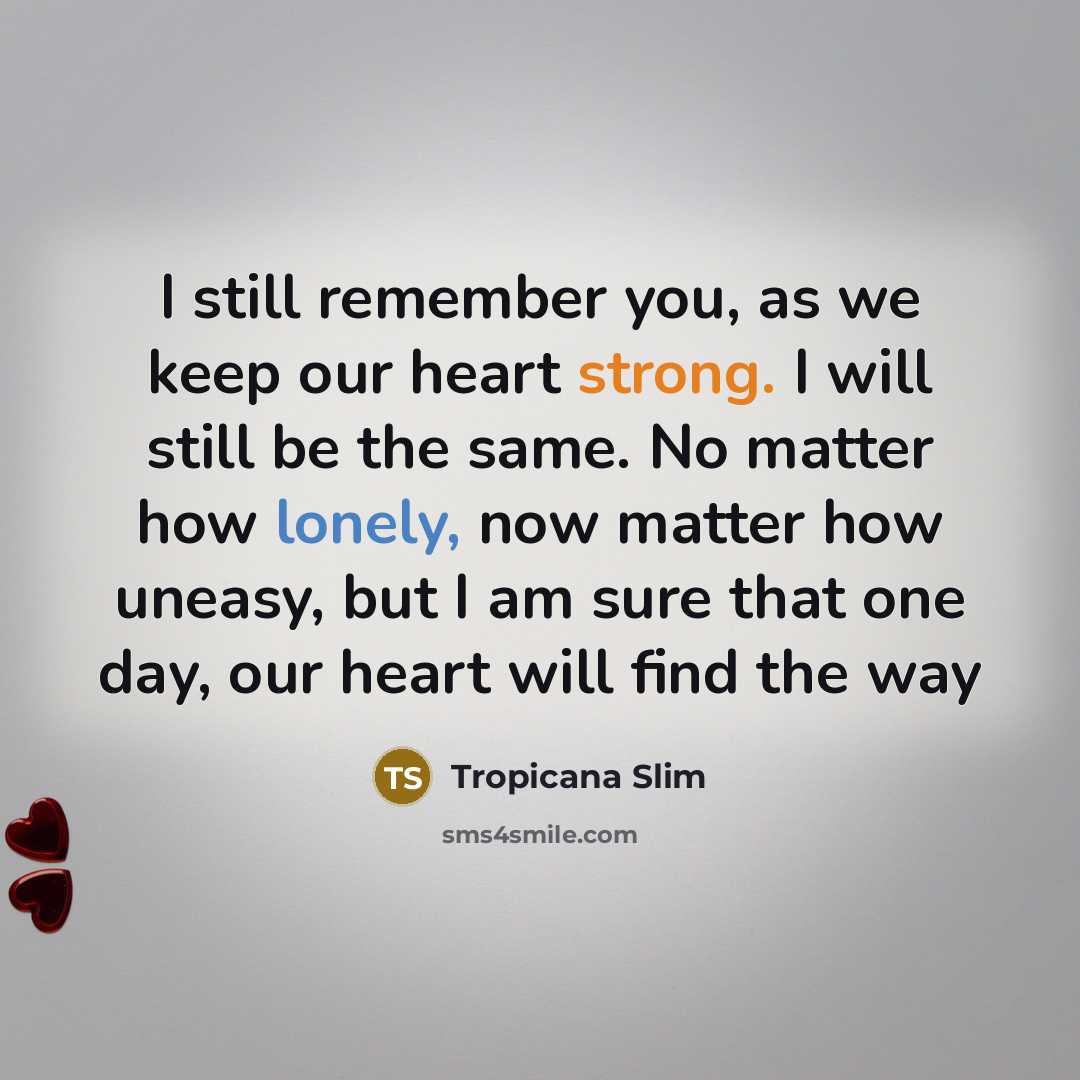 “I still remember you, as we keep our heart strong. I will still be the same. No matter how lonely, now matter how uneasy, but I am sure that one day, our heart will find the way” quote by Tropicana Slim